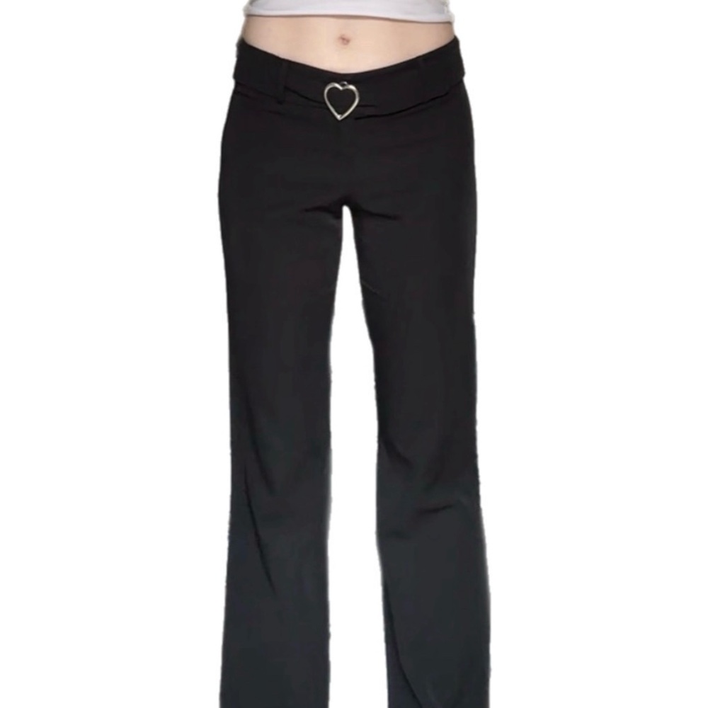 Hot Kiss Y2K Low Rise Black Flare Pants w/ Heart Buckle – Emo Grunge 2000s - Picture 2 of 15